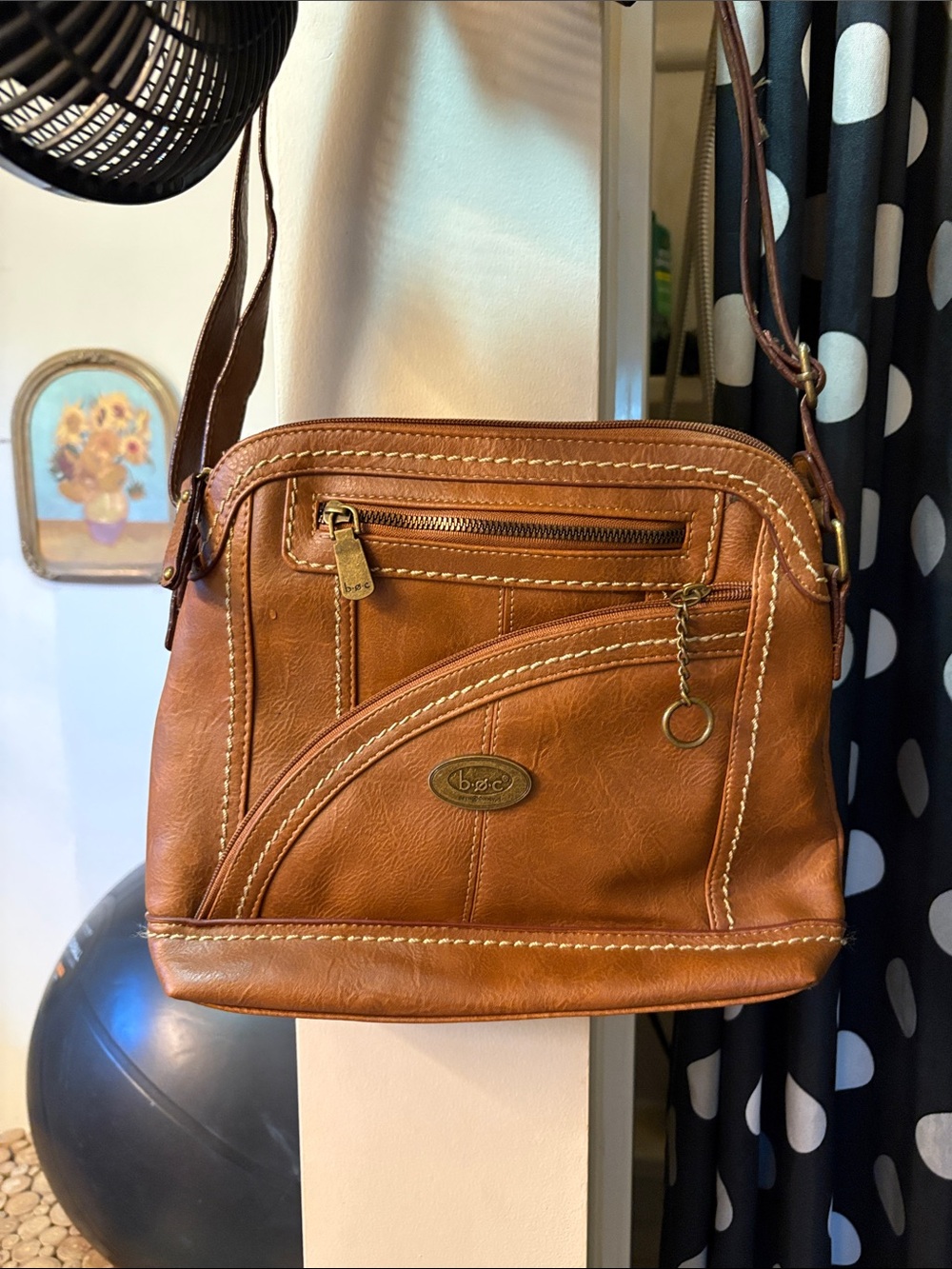 Born Tan Leather Messenger Crossbody Bag with Front Zip